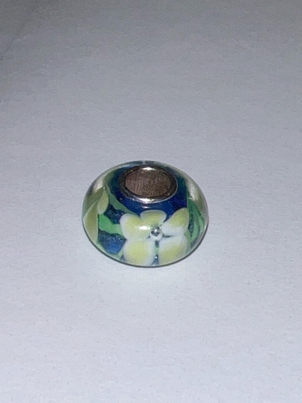 LK NW 🌸 STAMPED 925 THAI STERLING SILVER BLUE & GREEN FLORAL GLASS BEAD CHARM - Picture 4 of 10